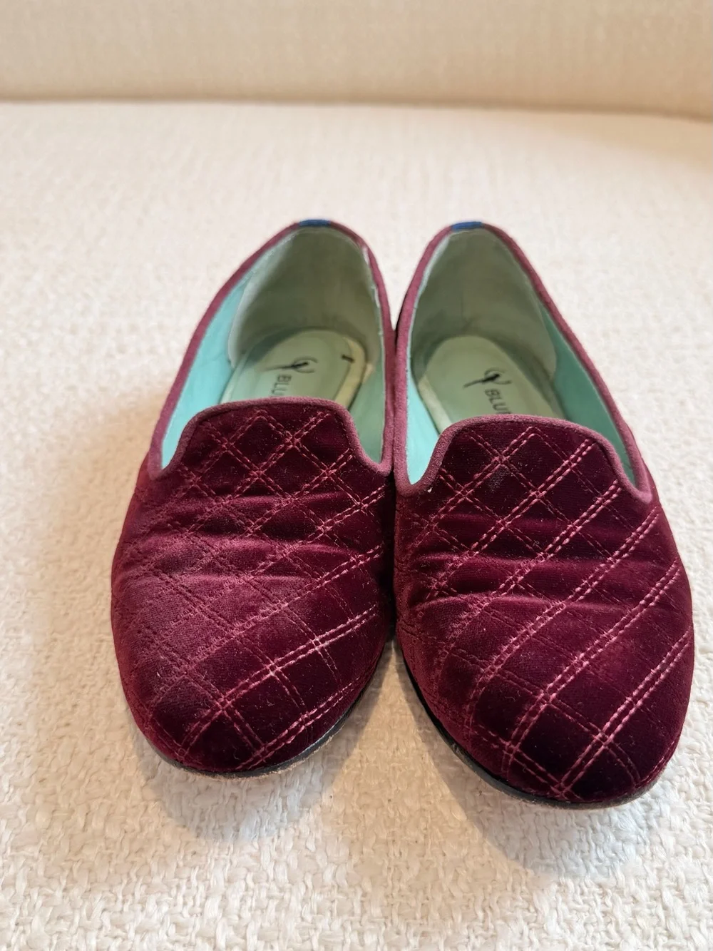 Authentic Blue Bird Burgundy Velvet Quilted Loafers – Size 37
